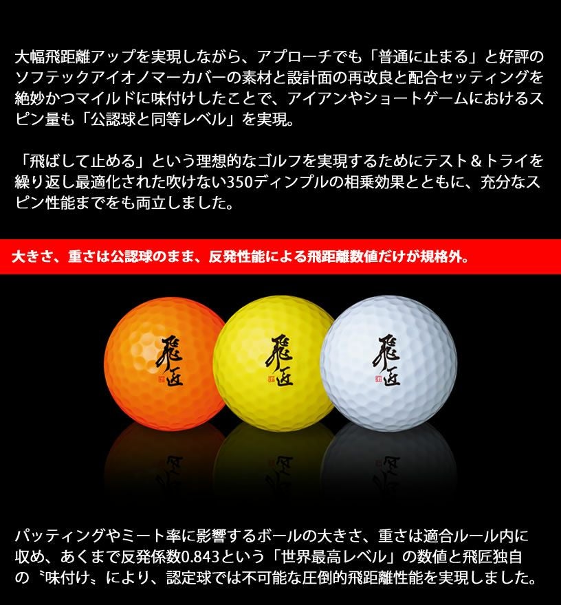 飛匠 世界最高反発を大幅に更新！RED LABEL 極 高反発ゴルフボール 12